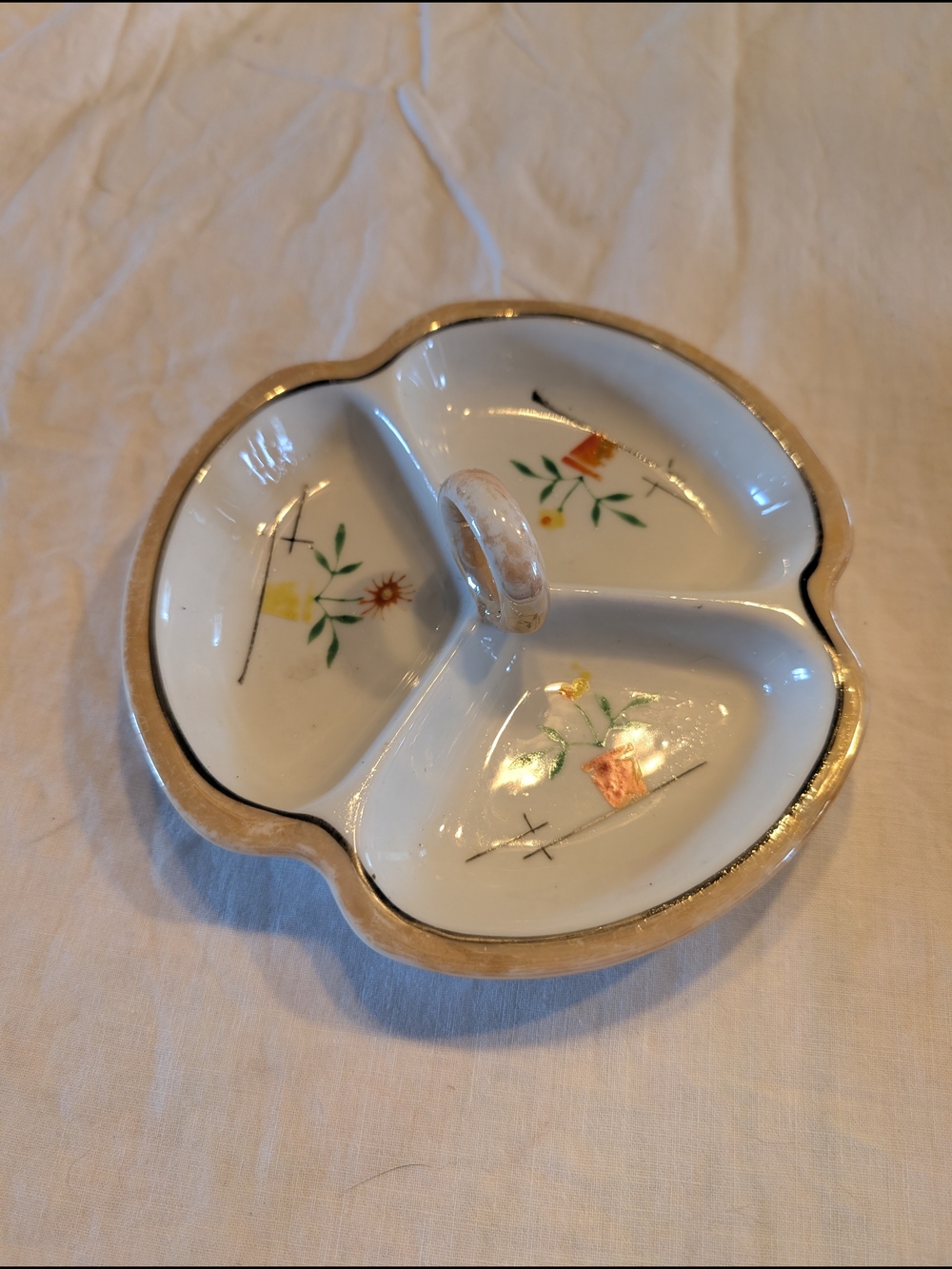 2/16$ Porcelain 3-Section Divided Serving Dish with Orange Trim - White